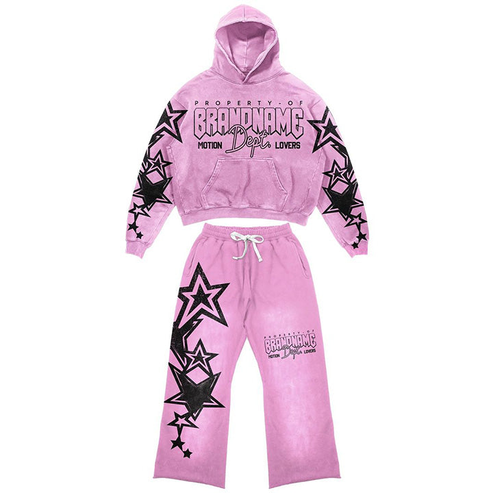 Muchic Unisex Star and Letter Print Hooded Long Sleeve Sweatshirt Set