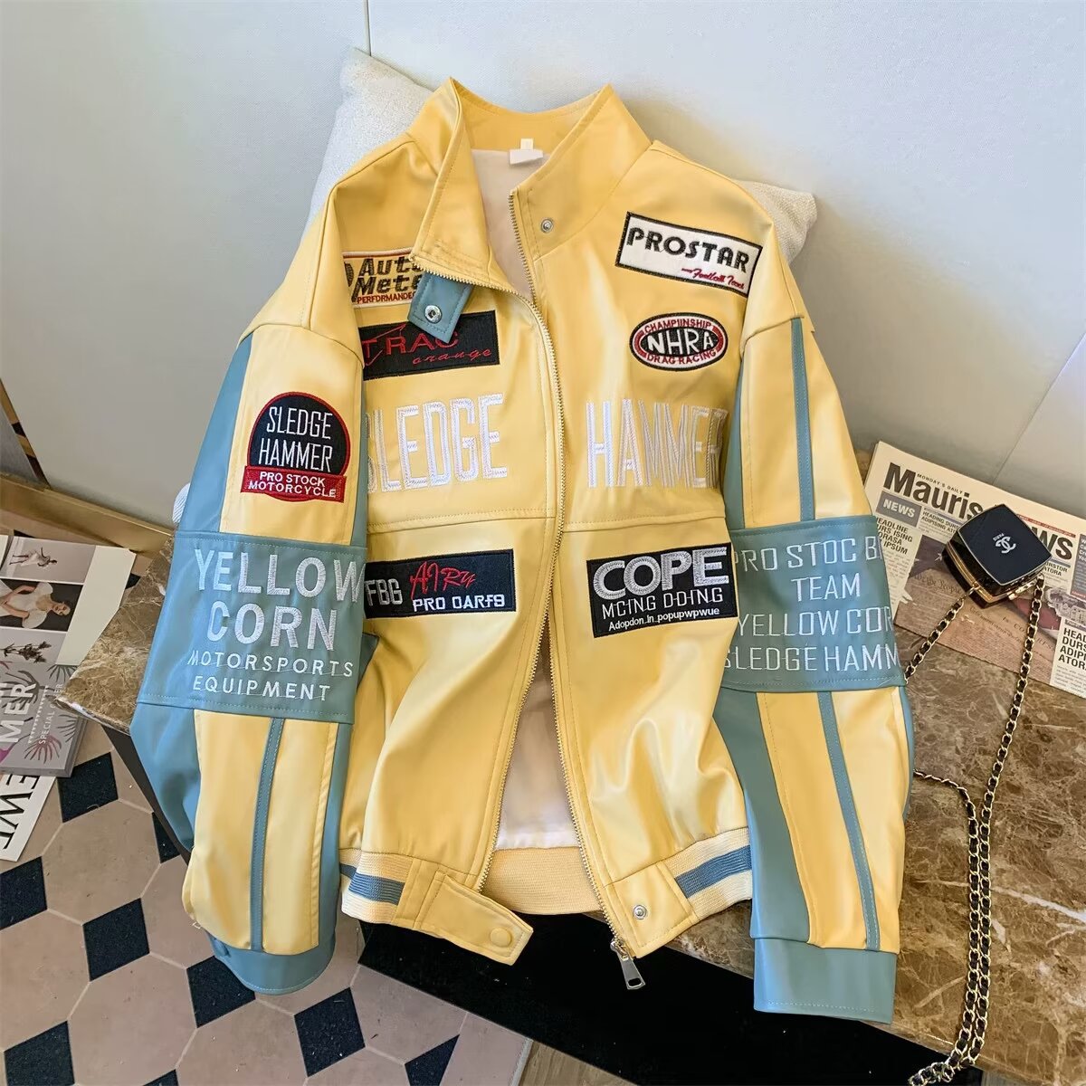 Muchic Biker Leather Embroidered Baseball Jacket Light Yellow / M Coats & Jackets