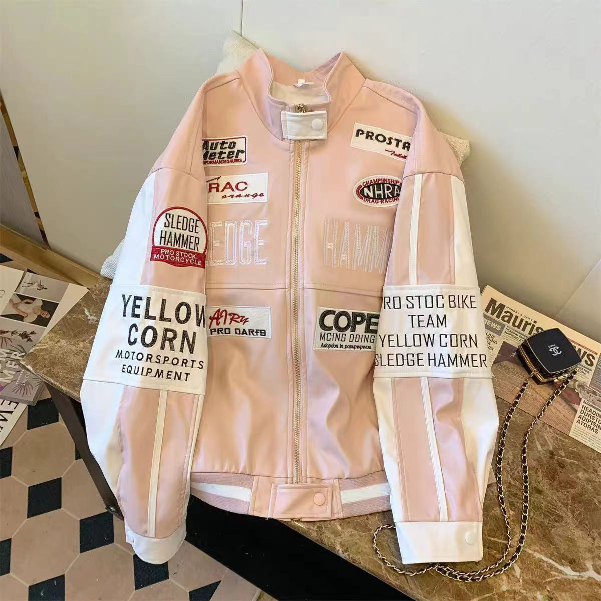 Muchic Biker Leather Embroidered Baseball Jacket Pink / M Coats & Jackets