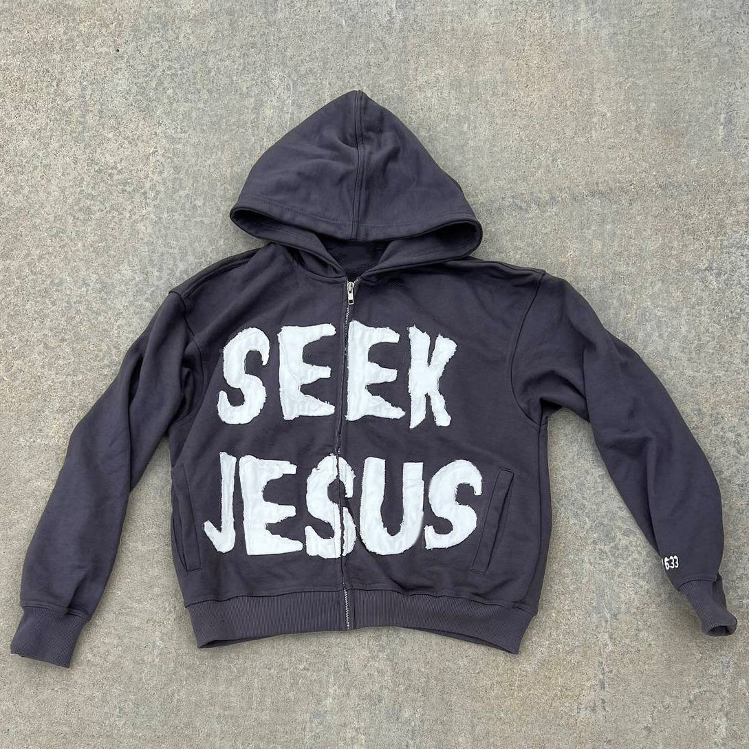 Muchic Seek Jesus Print Long Sleeve Applique Embroidered Zipper Hoodies