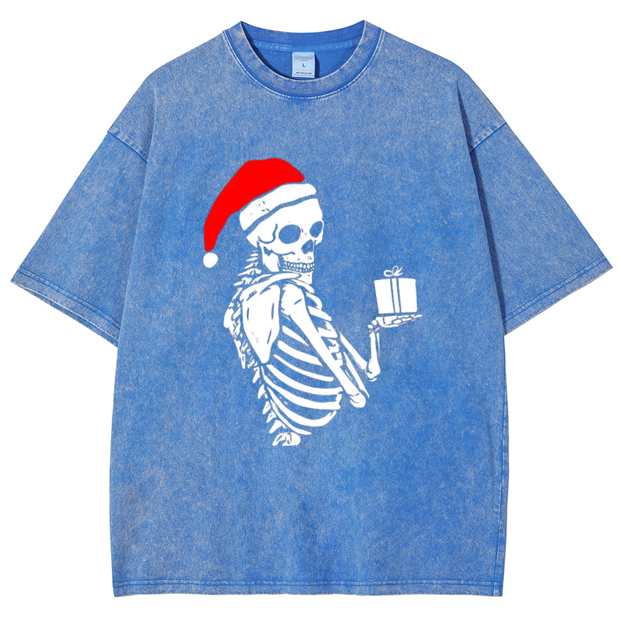 Muchic Christmas Skeleton Unisex Oversized Print Vintage Wash Denim T-Shirt