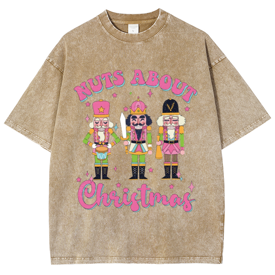 Muchic Nuts About Christmas Unisex Oversized Print Vintage Wash Denim T-Shirt