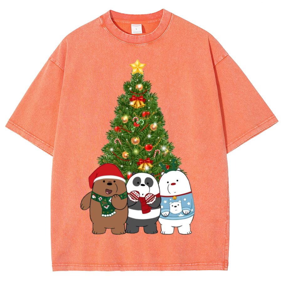 Muchic Bear Christmas Unisex Oversized Print Vintage Wash Denim T-Shirt