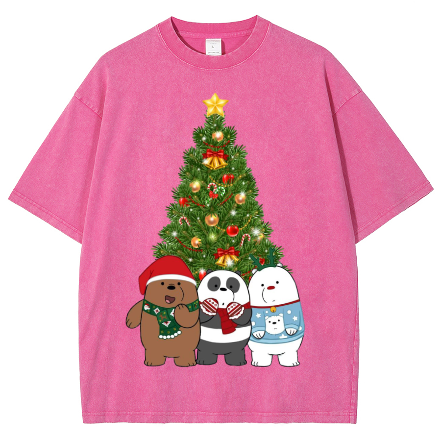 Muchic Bear Christmas Unisex Oversized Print Vintage Wash Denim T-Shirt