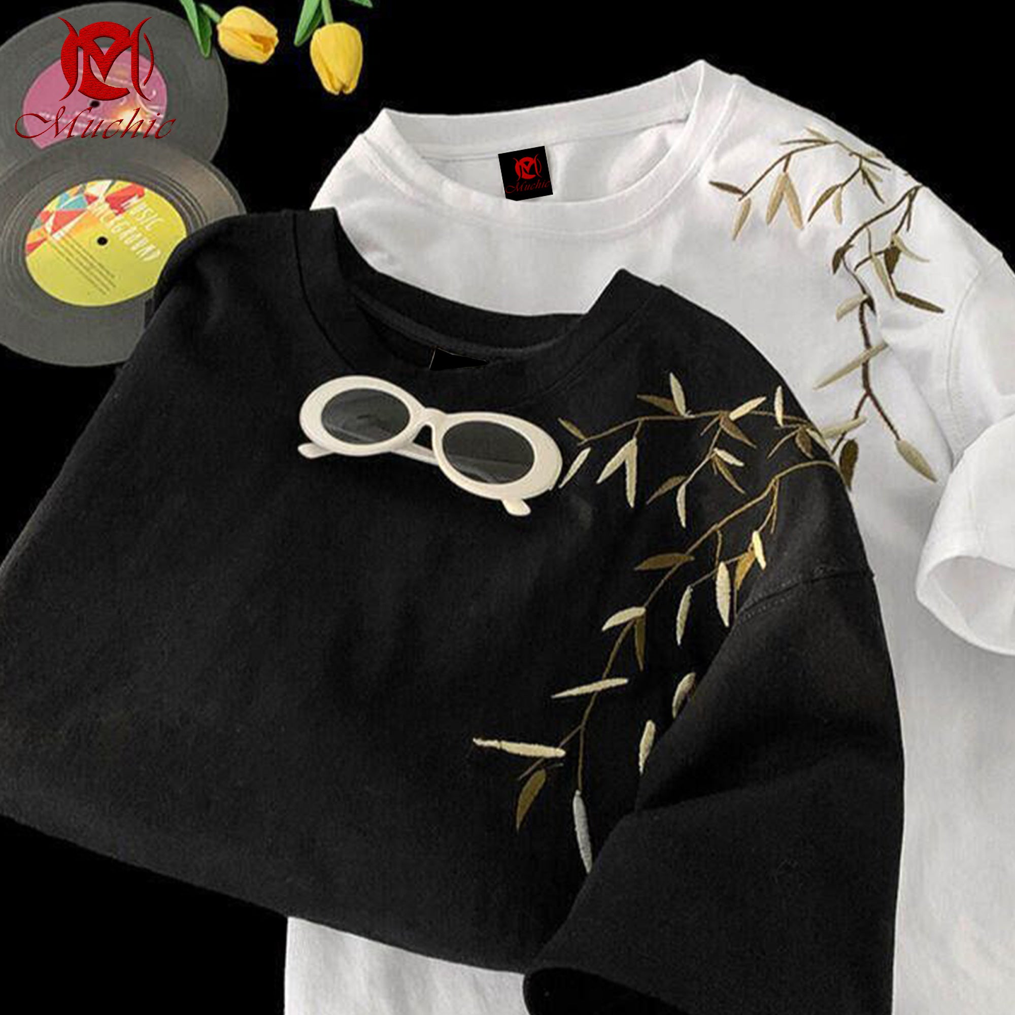 Unisex Intangible Cultural Heritage Bamboo Leaf Embroidery T-shirt (Hand Embroidery) (Duty Free)