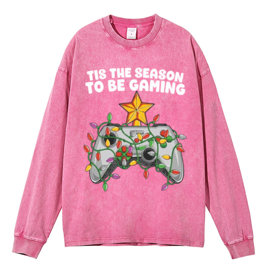 Muchic To Be Gaming Unisex Casual Washed Printed Round Neck Long Sleeve T-shirt