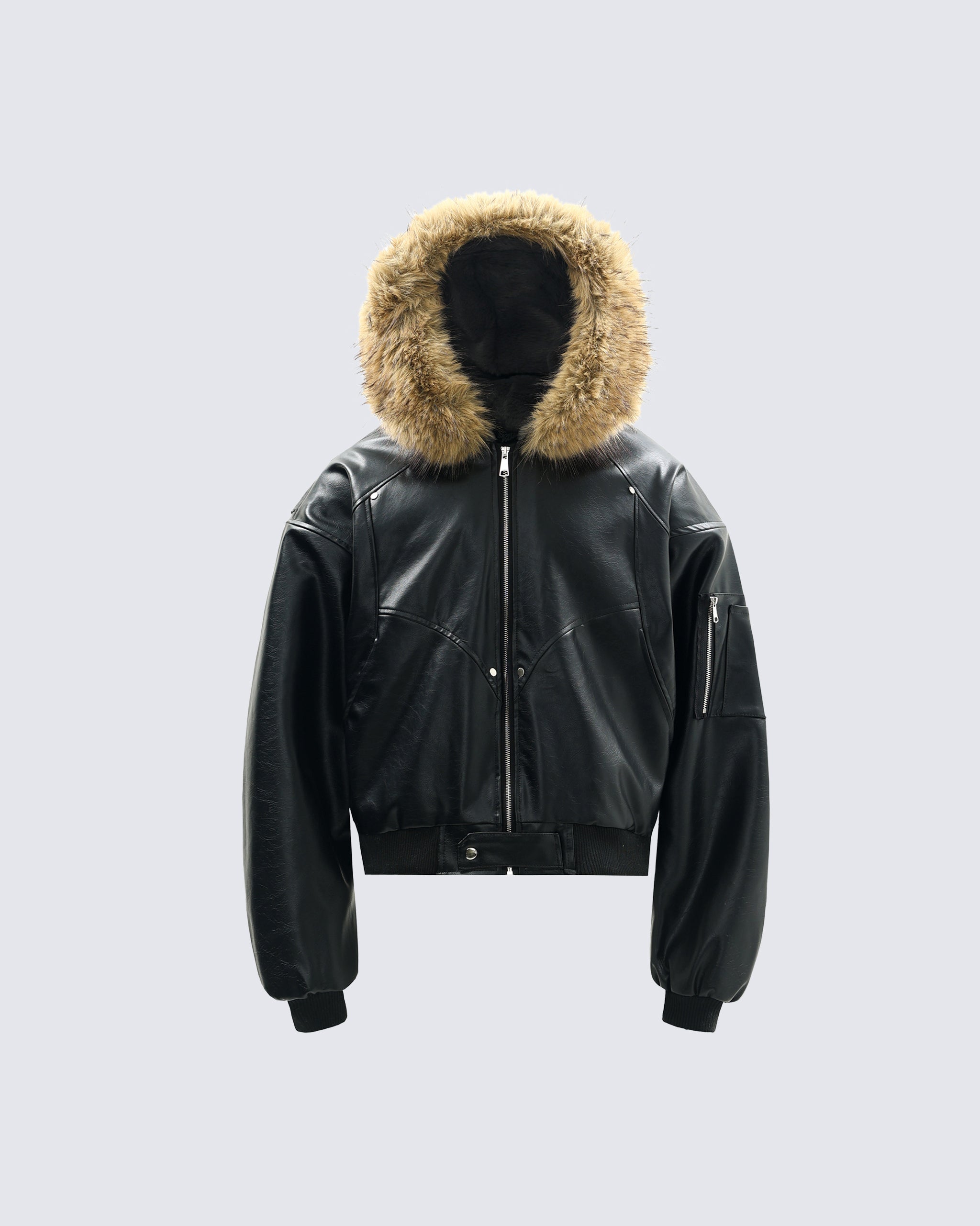 Muchic Unisex Faux Fur Hooded PU Leather Bomber Jacket