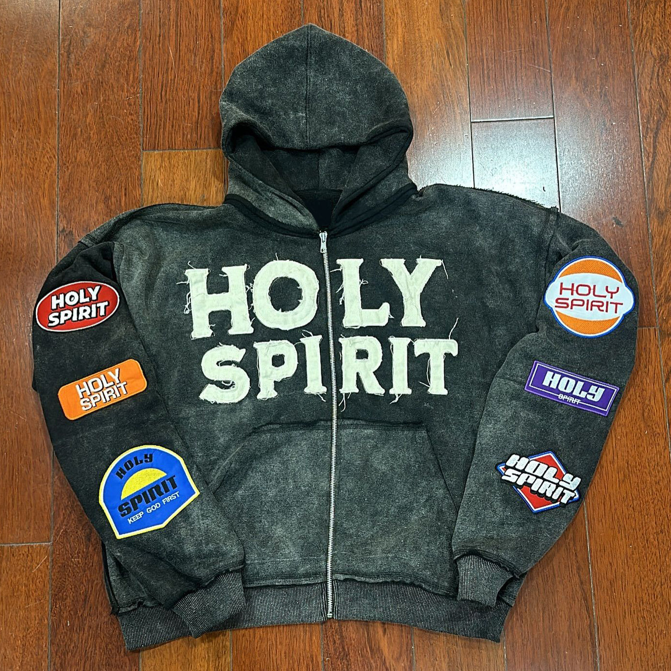 Muchic Fashion Holy Spirit Print Zipper Applique Embroidered Hoodies