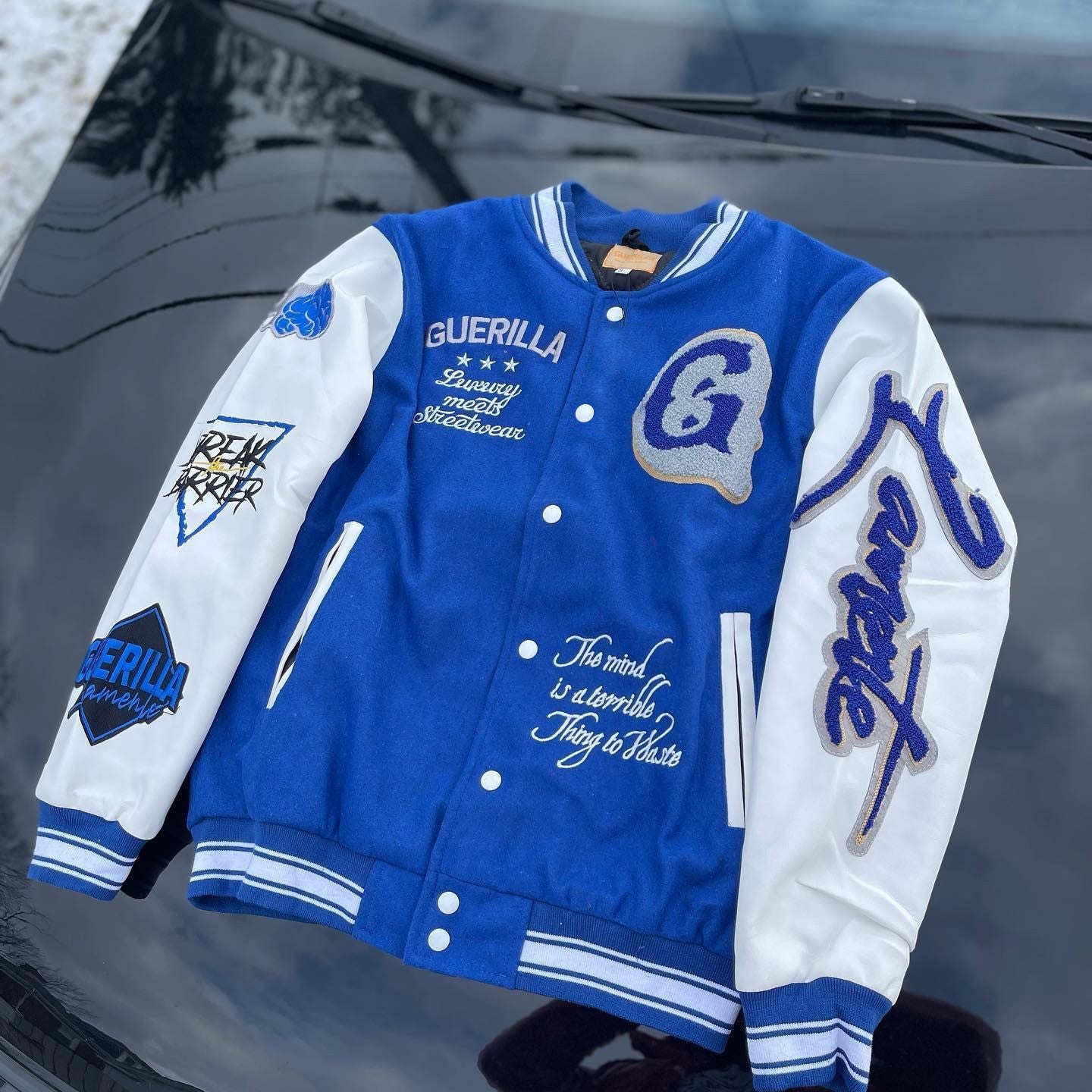 Muchic Guerilla Print Long Sleeve Baseball Jacket Blue / S Coats & Jackets