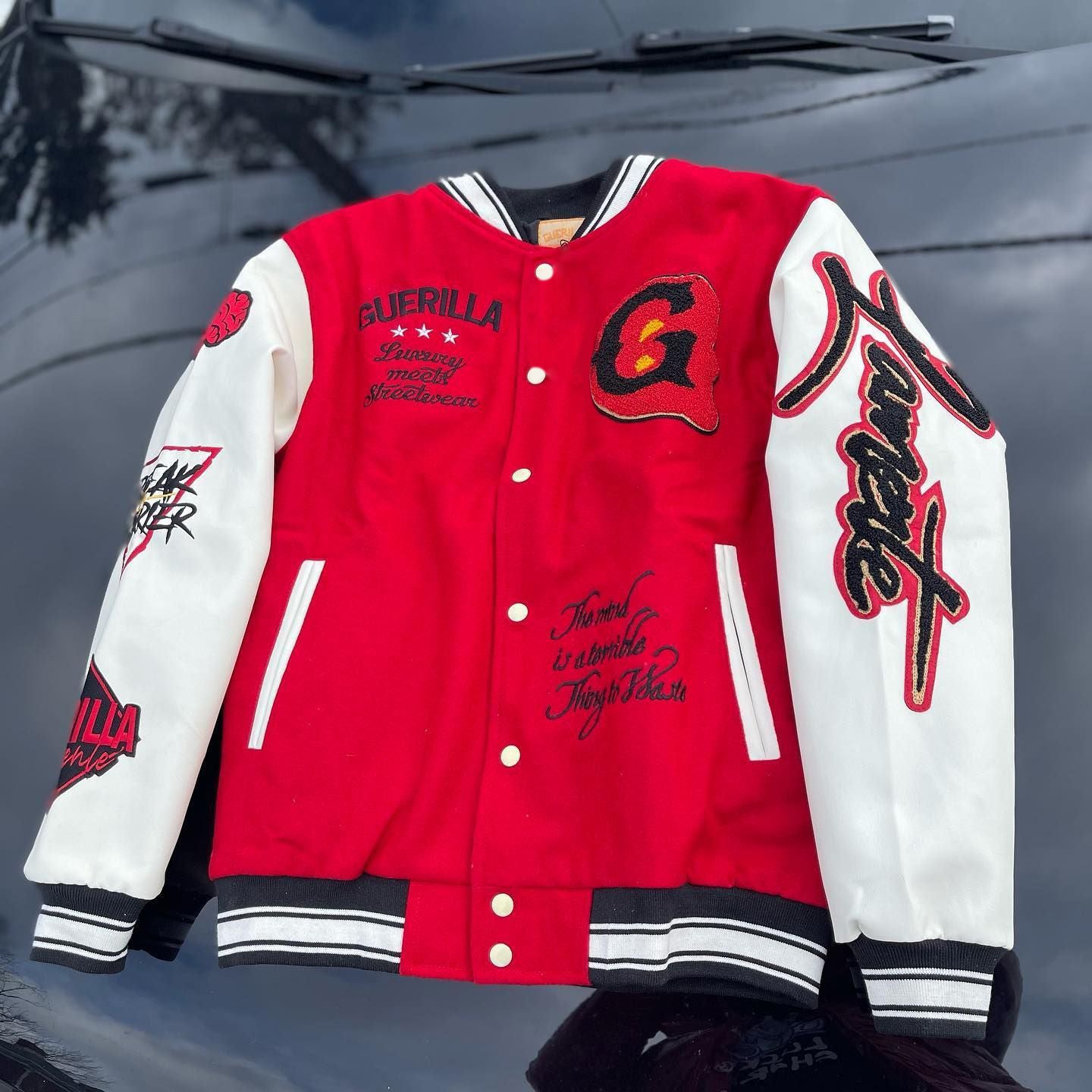 Muchic Guerilla Print Long Sleeve Baseball Jacket Red / S Coats & Jackets