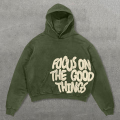 Muchic Casual Focus On The Good Things Print Long Sleeve Hoodie