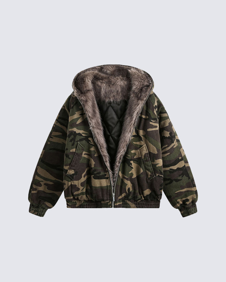 Muchic Unisex Camouflage Faux Fur Lined Hooded Jacket