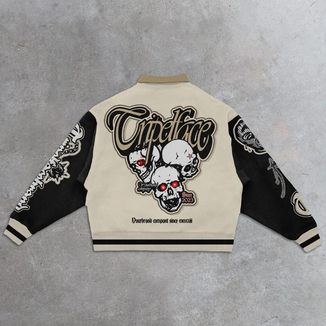 Muchic Skull Casual Street Retro Long Sleeve Baseball Jacket Coats & Jackets