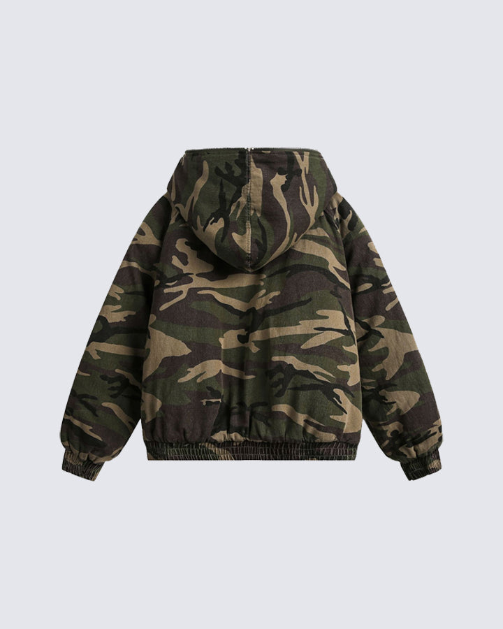 Muchic Unisex Camouflage Faux Fur Lined Hooded Jacket