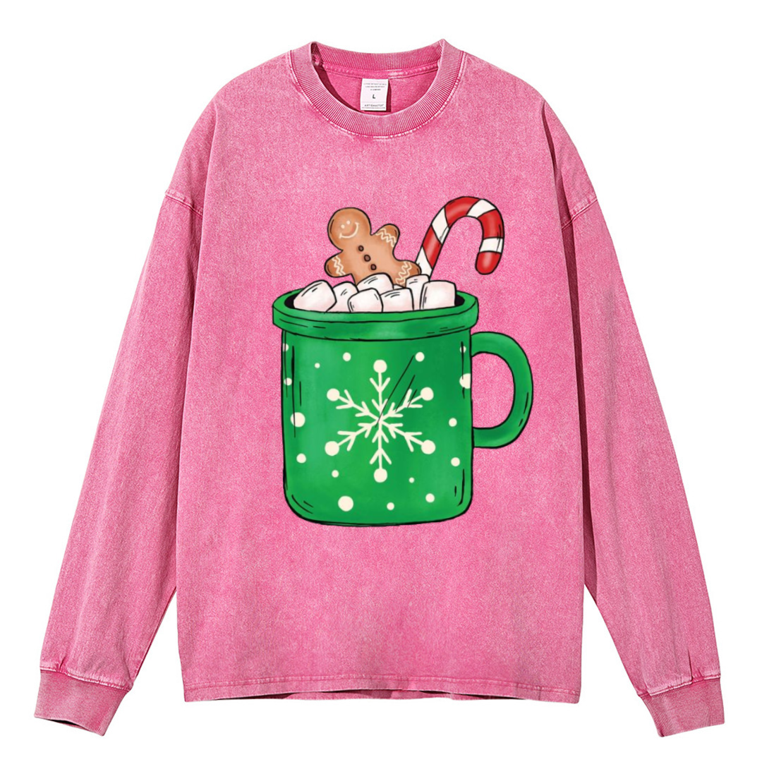 Muchic Gingerbread Coffee Unisex Casual Washed Printed Round Neck Long Sleeve T-shirt