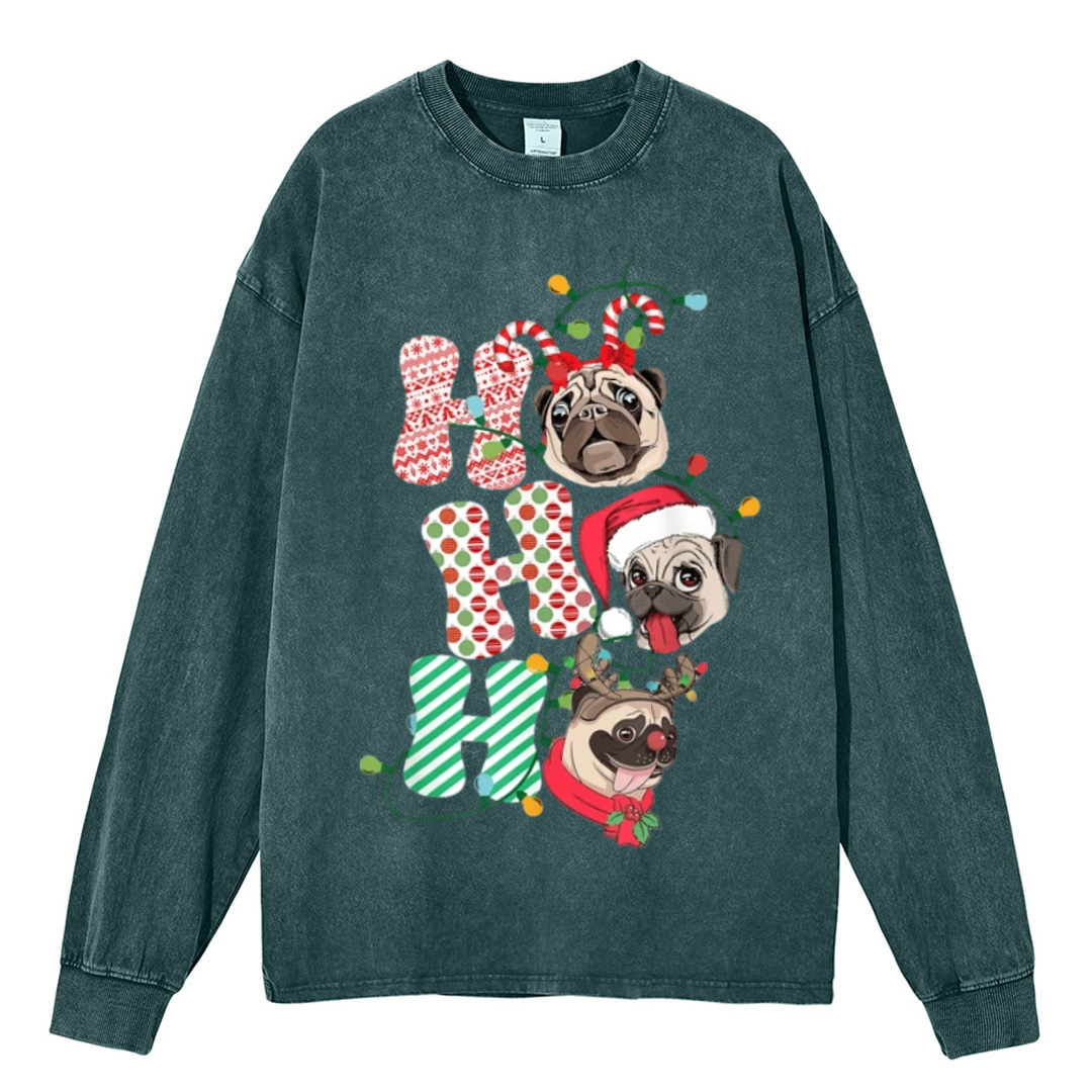 Muchic Pug Christmas Unisex Casual Washed Printed Round Neck Long Sleeve T-shirt