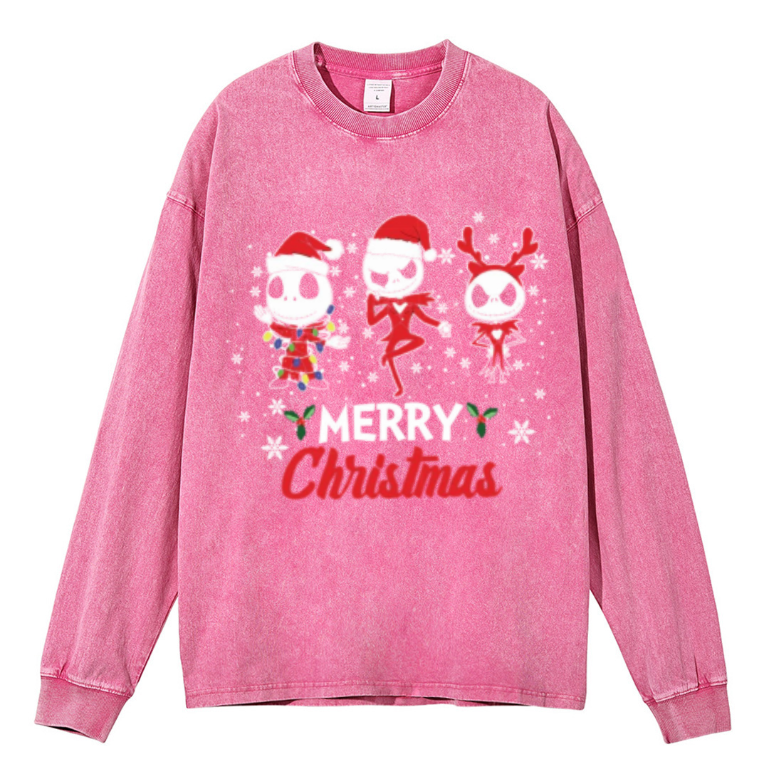 Muchic Merry Christmas Unisex Casual Washed Printed Round Neck Long Sleeve T-shirt