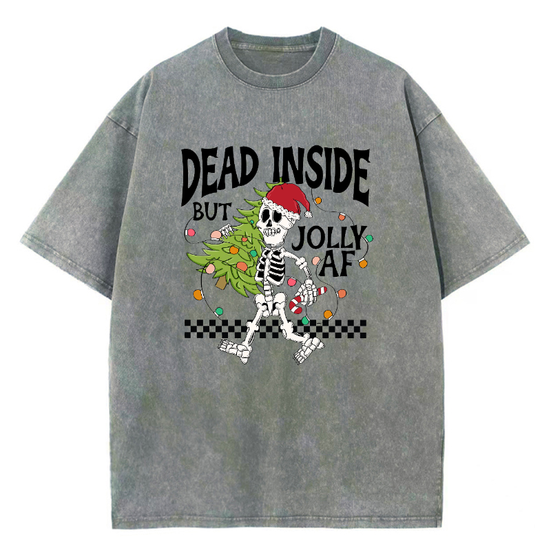 Muchic Unisex Dead Inside But Jolly Af Fun Skeleton Christmas Tree Printed Retro Washed Short Sleeved T-Shirt