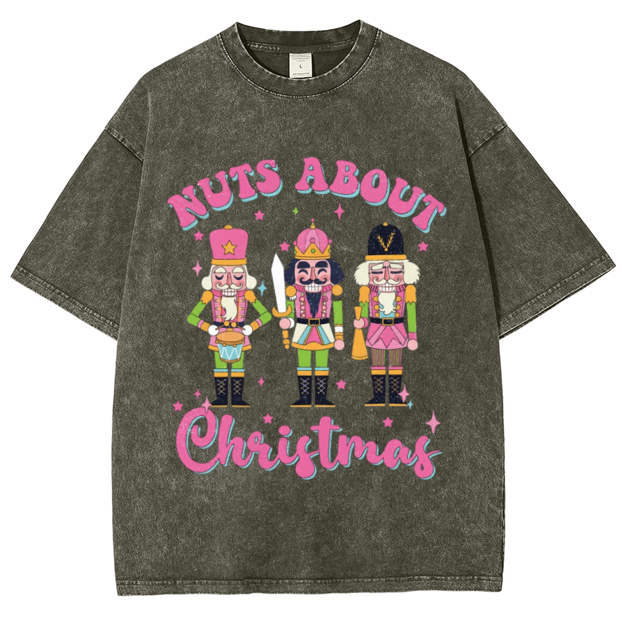 Muchic Nuts About Christmas Unisex Oversized Print Vintage Wash Denim T-Shirt