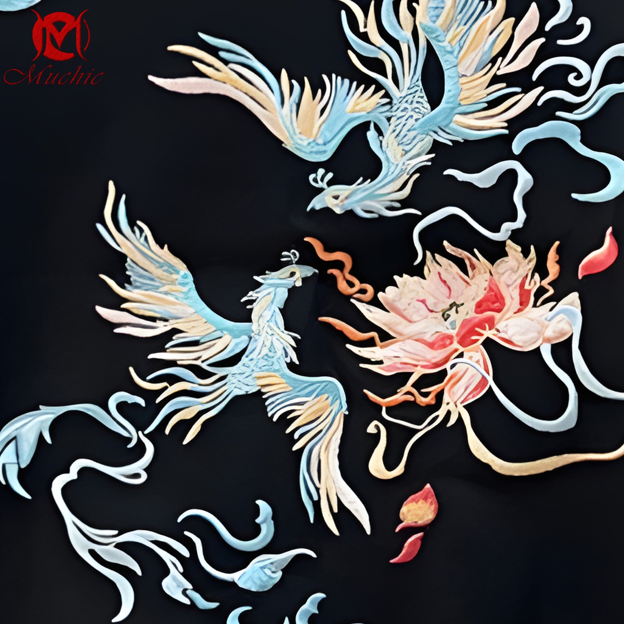 Unisex Intangible Cultural Heritage Double Phoenix Lotus Embroidery Print T-shirt (Hand Embroidery) (Duty Free)