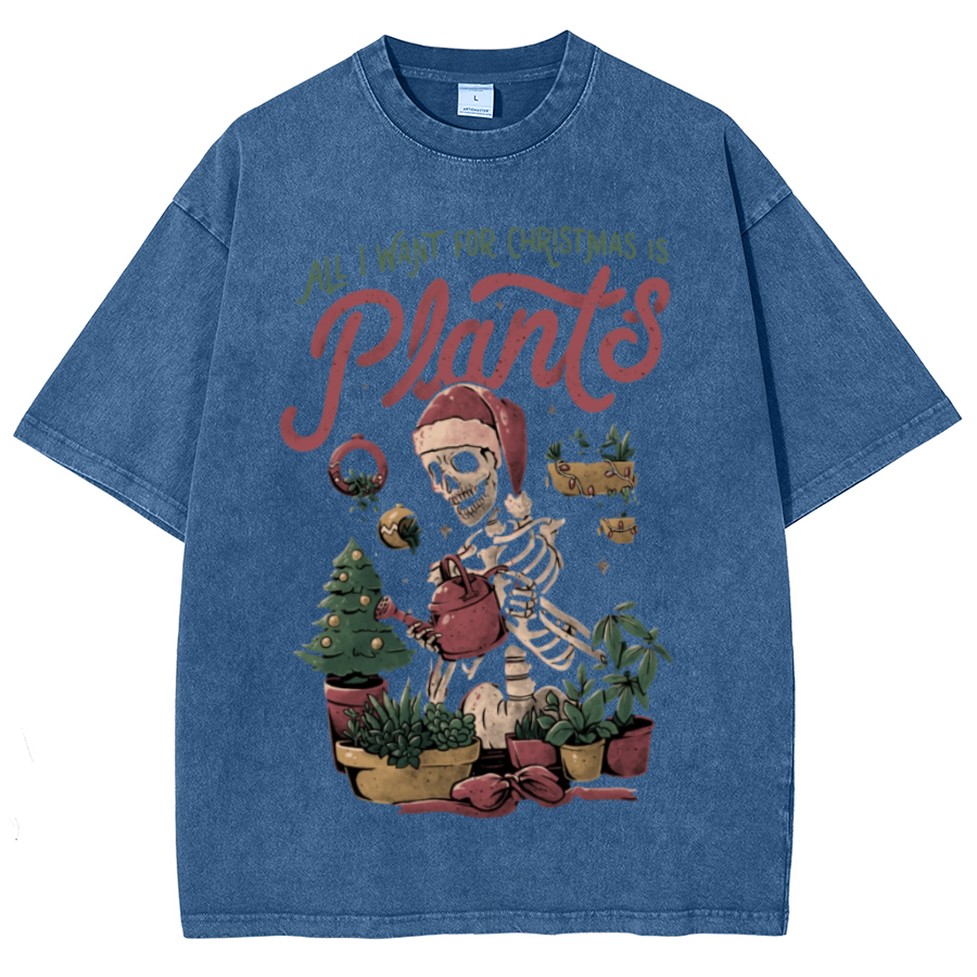 Muchic Christmas Plants Unisex Oversized Print Vintage Wash Denim T-Shirt