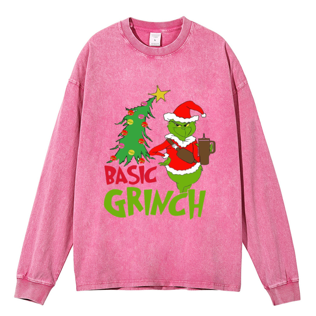 Muchic Basic Grinch Unisex Casual Washed Printed Round Neck Long Sleeve T-shirt