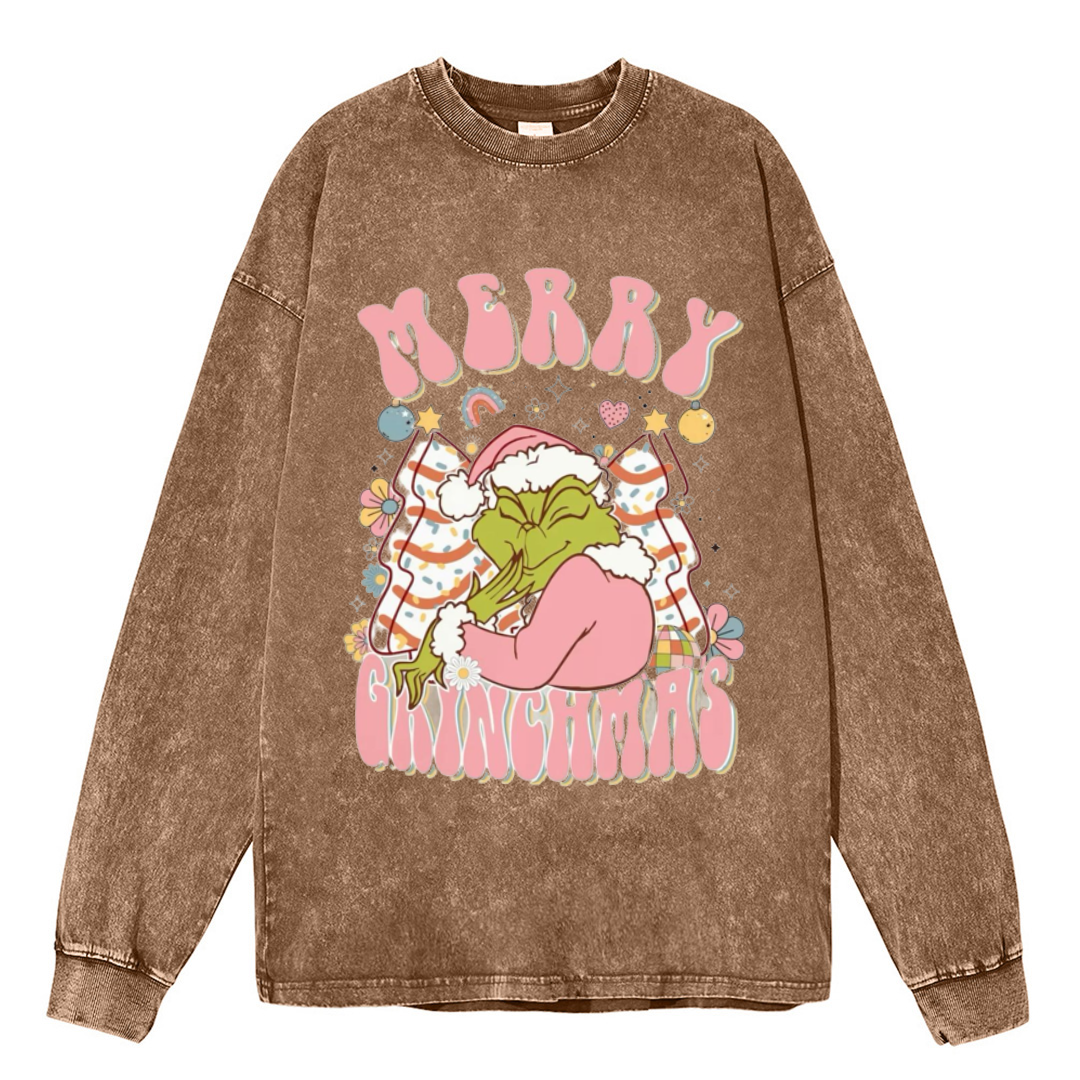 Muchic Merry Grinchmas Unisex Casual Washed Printed Round Neck Long Sleeve T-shirt