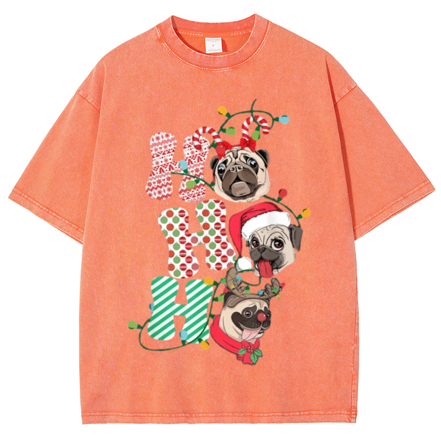 Muchic Pug Christmas Unisex Oversized Print Vintage Wash Denim T-Shirt