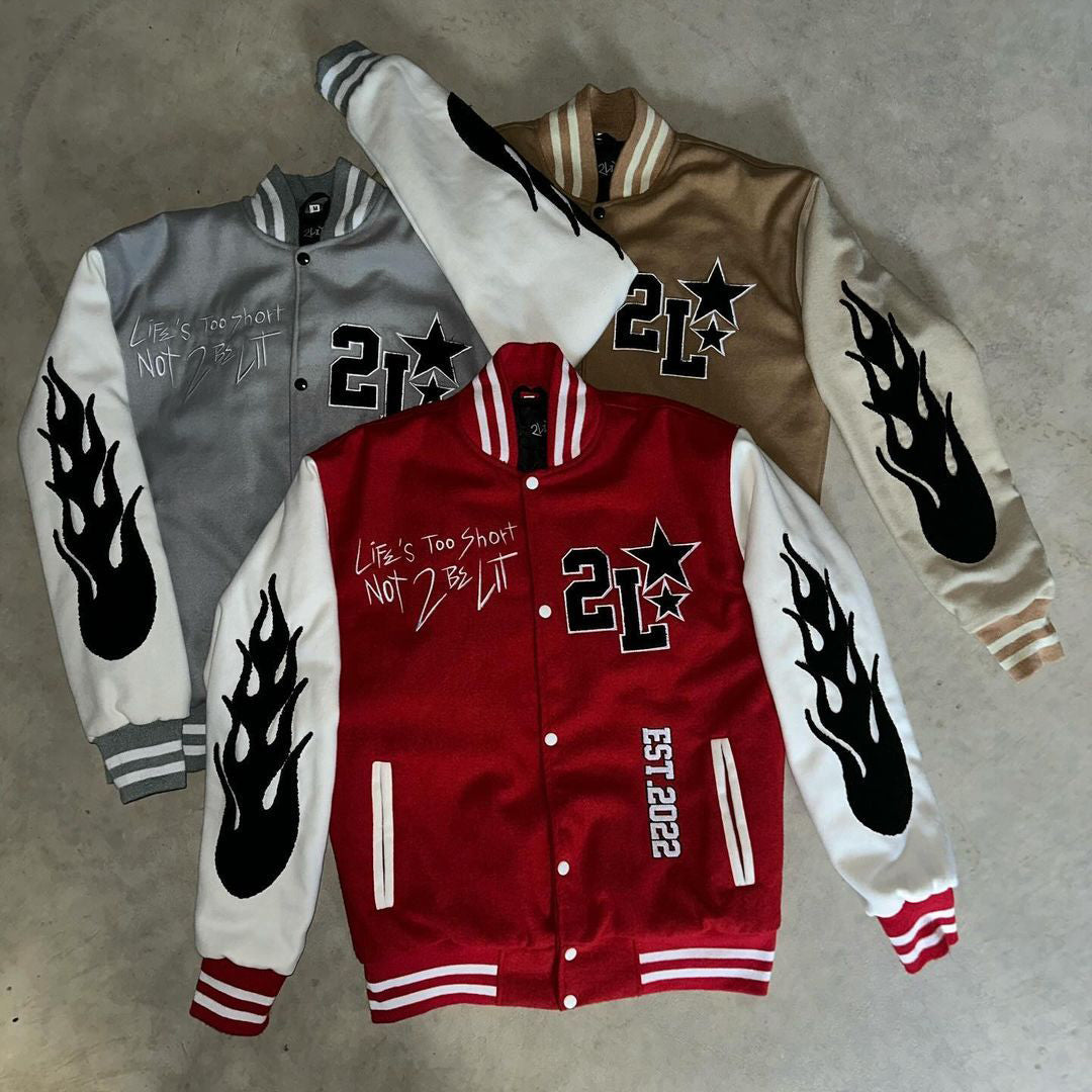 Muchic Flame Mix Print Long Sleeve Baseball Jacket Coats & Jackets