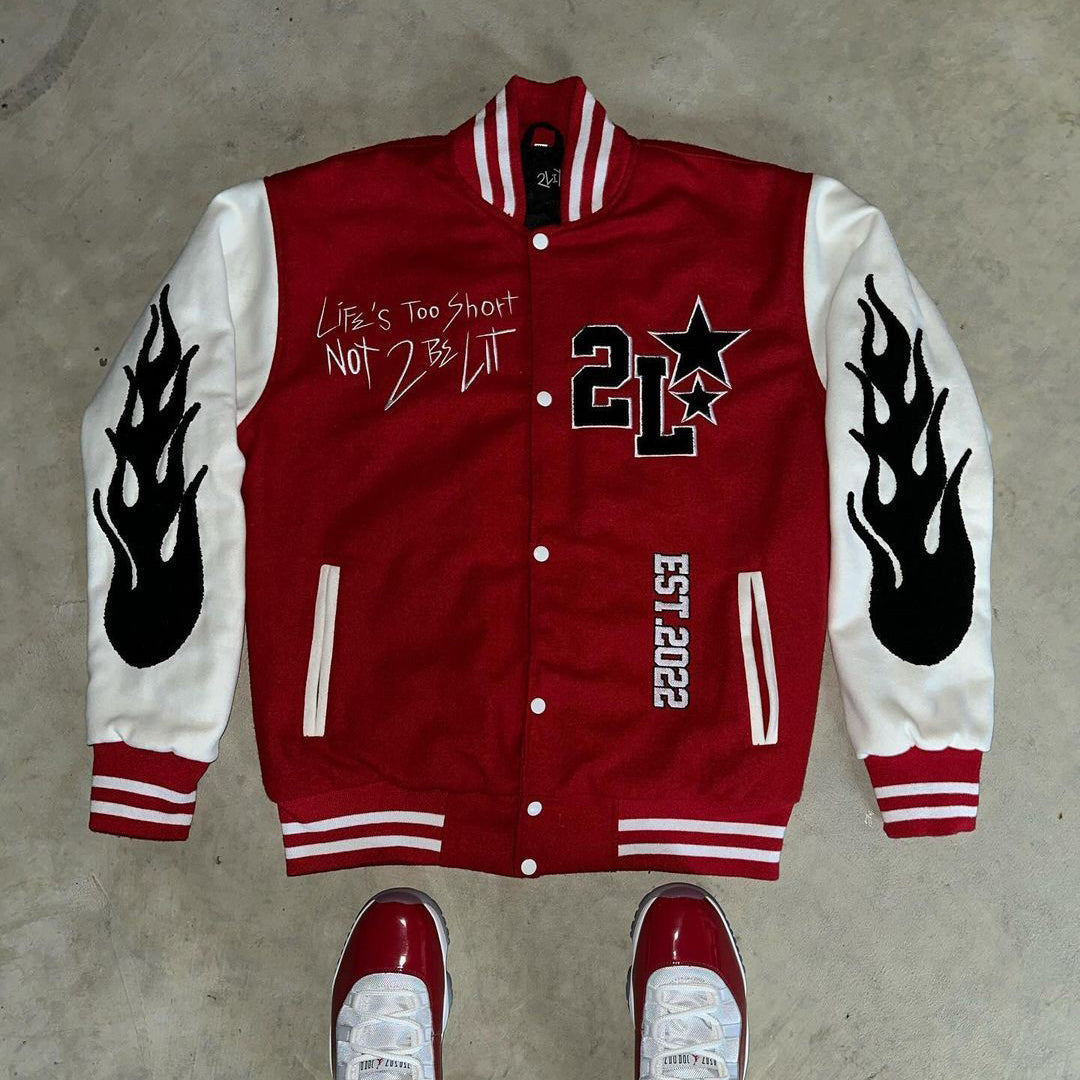 Muchic Flame Mix Print Long Sleeve Baseball Jacket Red / S Coats & Jackets