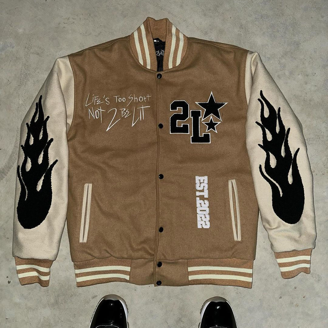 Muchic Flame Mix Print Long Sleeve Baseball Jacket Khaki / S Coats & Jackets