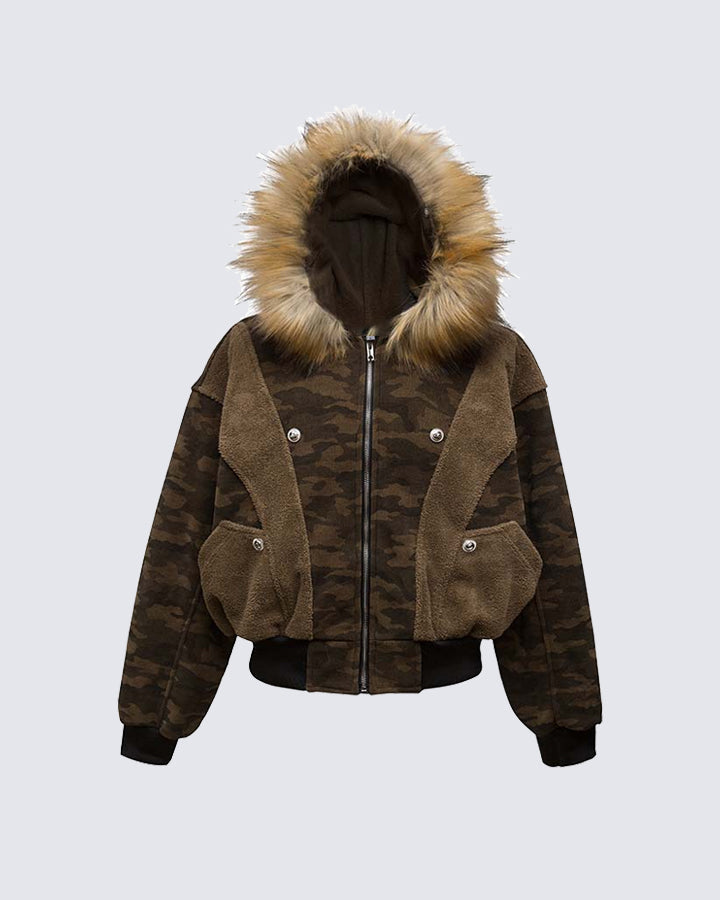 Muchic Unisex PU Leather Fur Collar Hooded Jacket