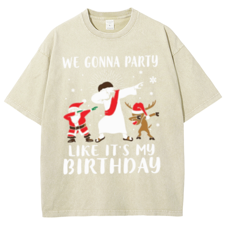 Muchic We Gonna Party Unisex Oversized Print Vintage Wash Denim T-Shirt