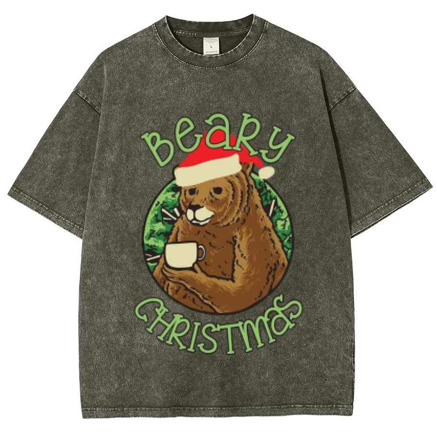 Muchic Beary Christmas Unisex Oversized Print Vintage Wash Denim T-Shirt