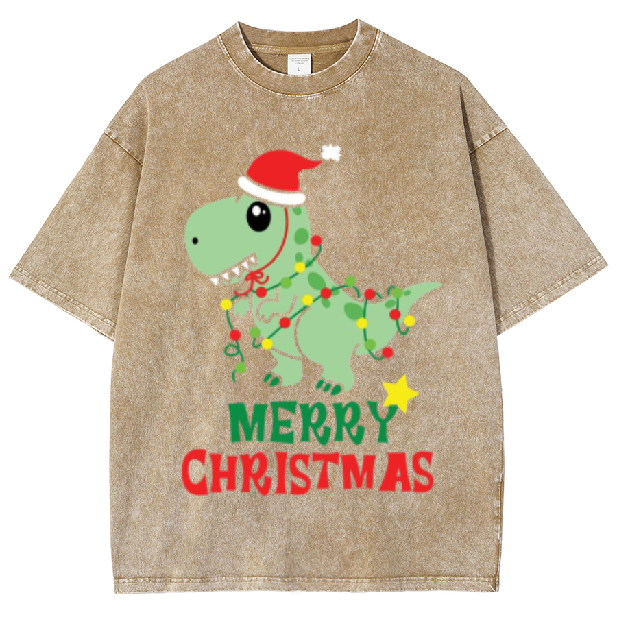 Muchic Merry Christmas Unisex Oversized Print Vintage Wash Denim T-Shirt