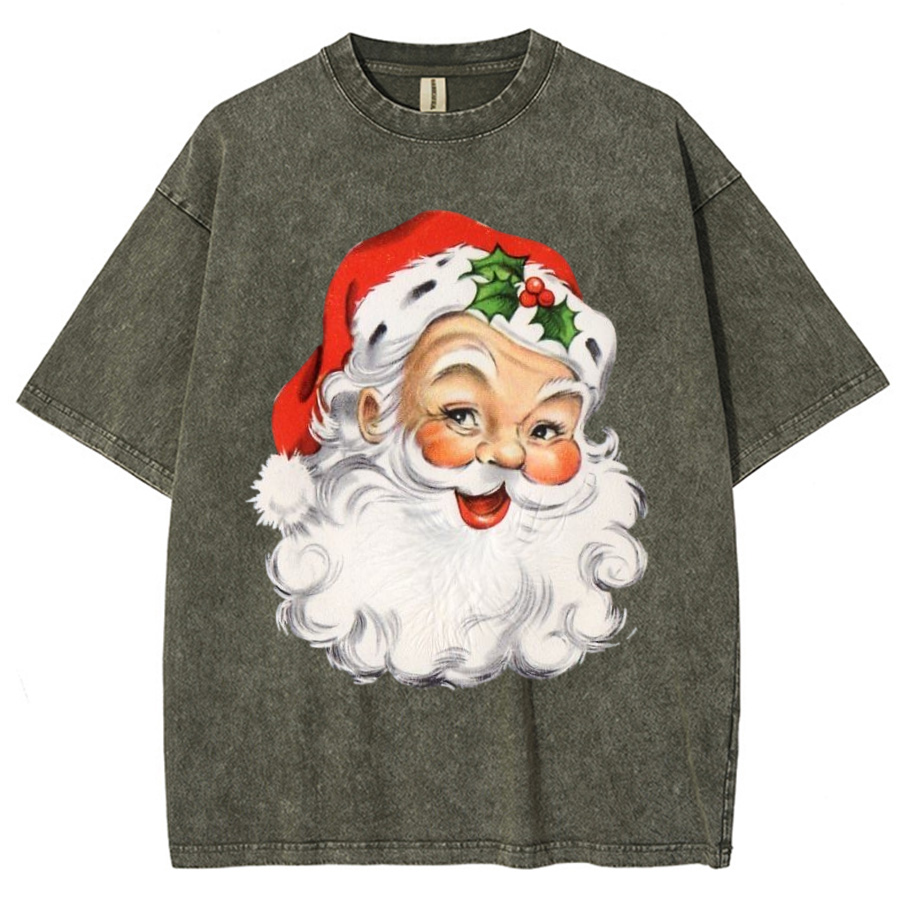 Muchic Santa Claus Unisex Printed Retro Washed Short Sleeved T-Shirt