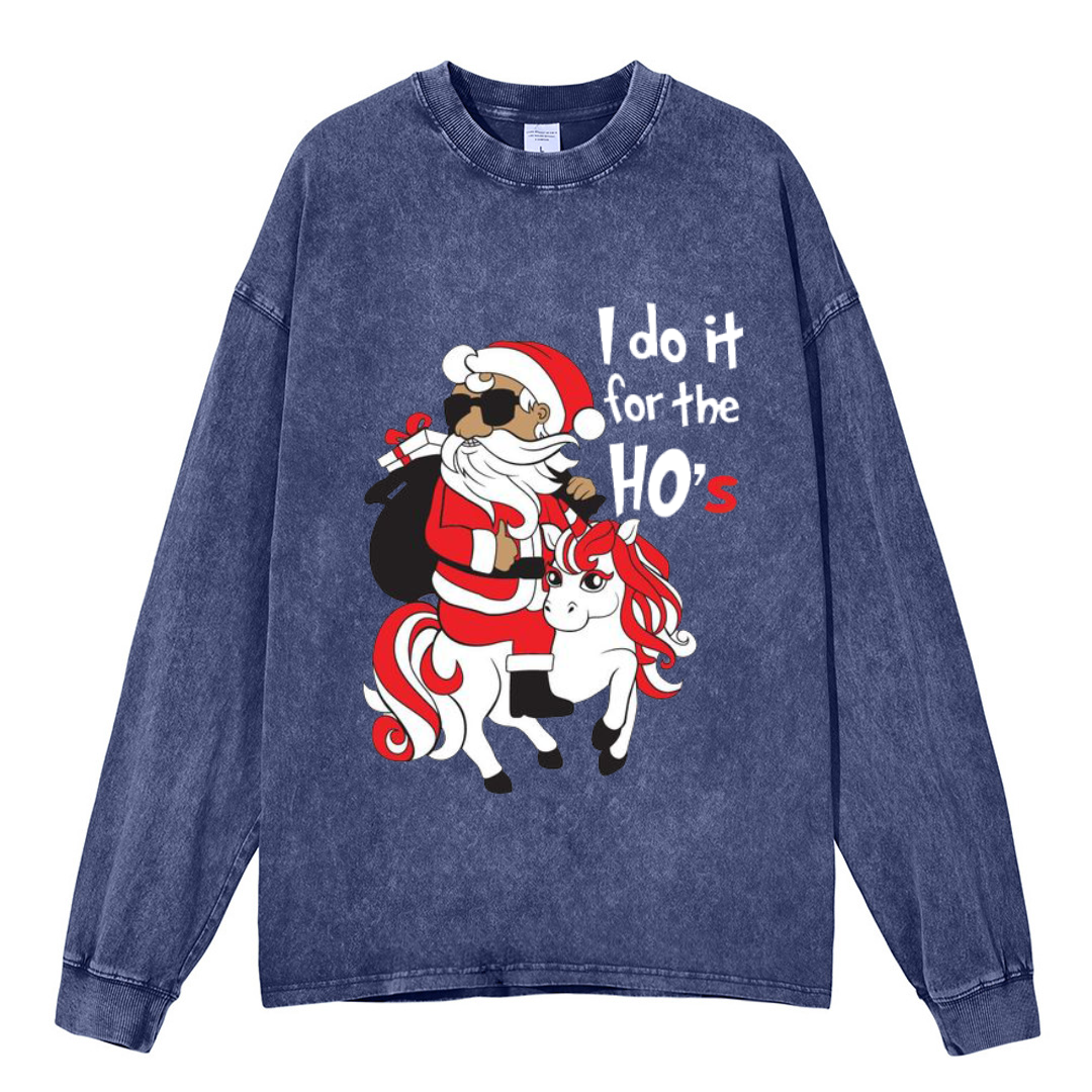 Muchic Unisex Casual Washed I Do It For The Ho's Christmas Santa Printed Round Neck Long Sleeve T-shirt