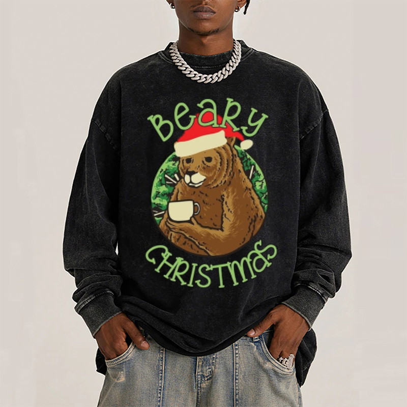 Muchic Beary Christmas Unisex Casual Washed Printed Round Neck Long Sleeve T-shirt