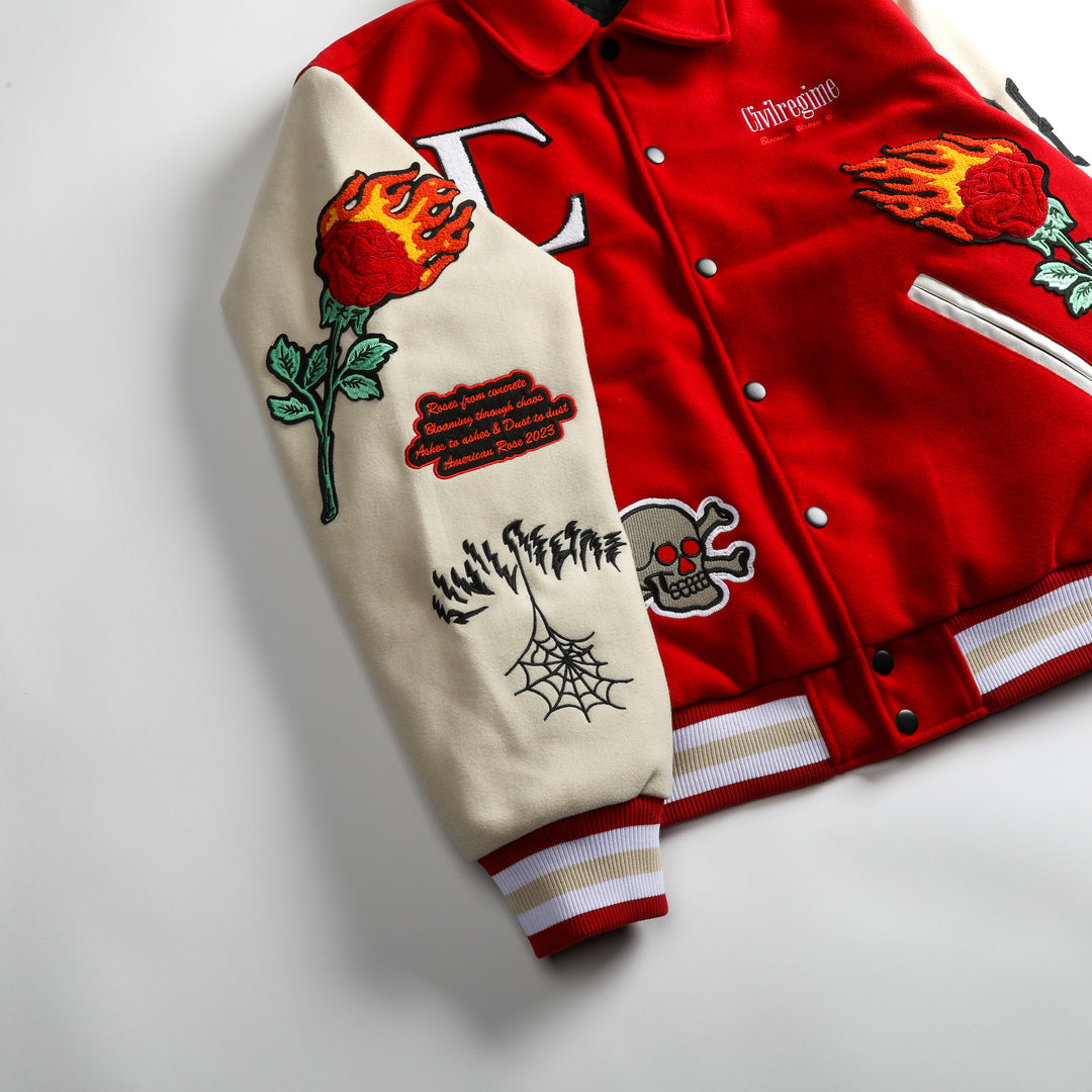 Muchic Fire Rose Embroidered Casual Street Baseball Jacket Coats & Jackets