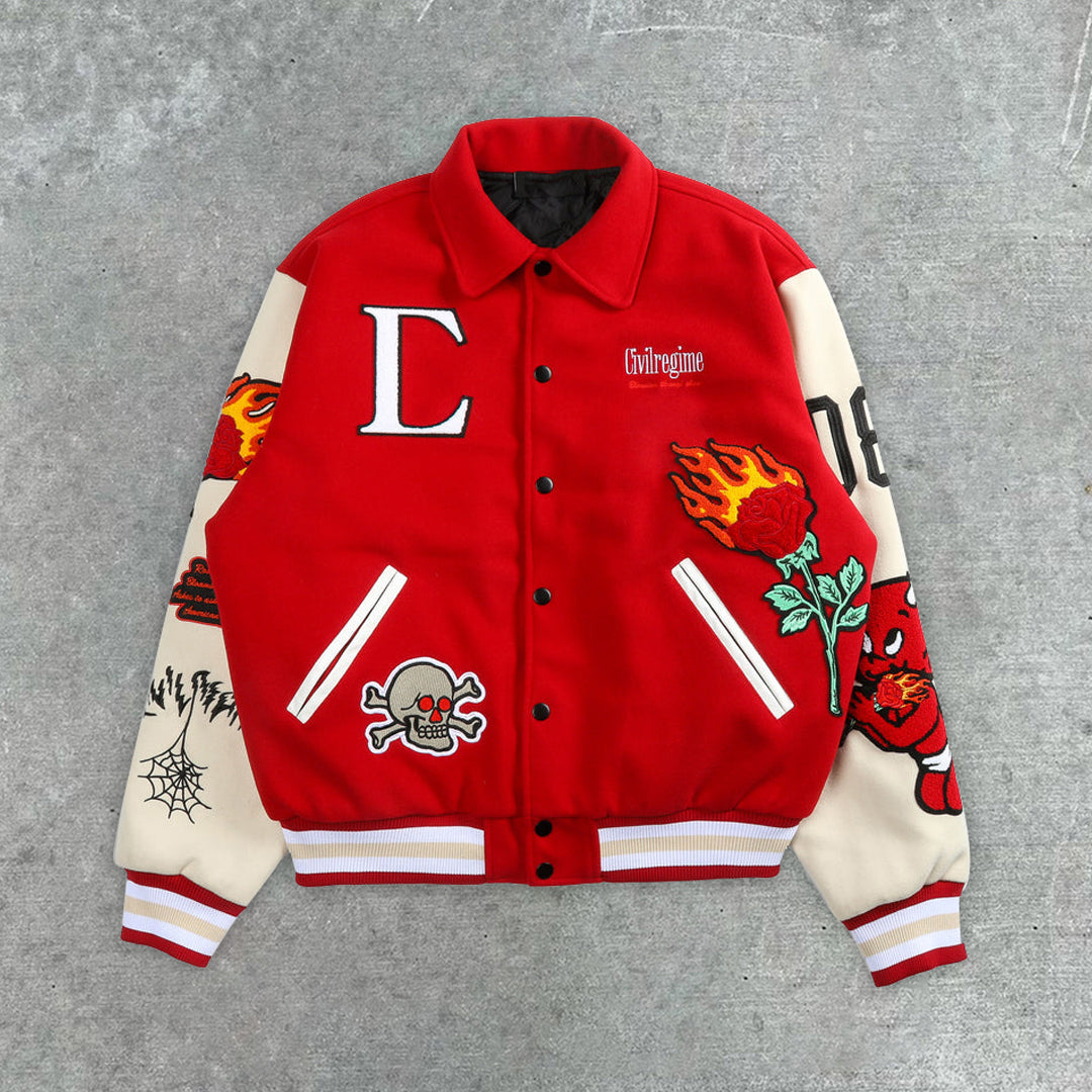 Muchic Fire Rose Embroidered Casual Street Baseball Jacket Red / S Coats & Jackets