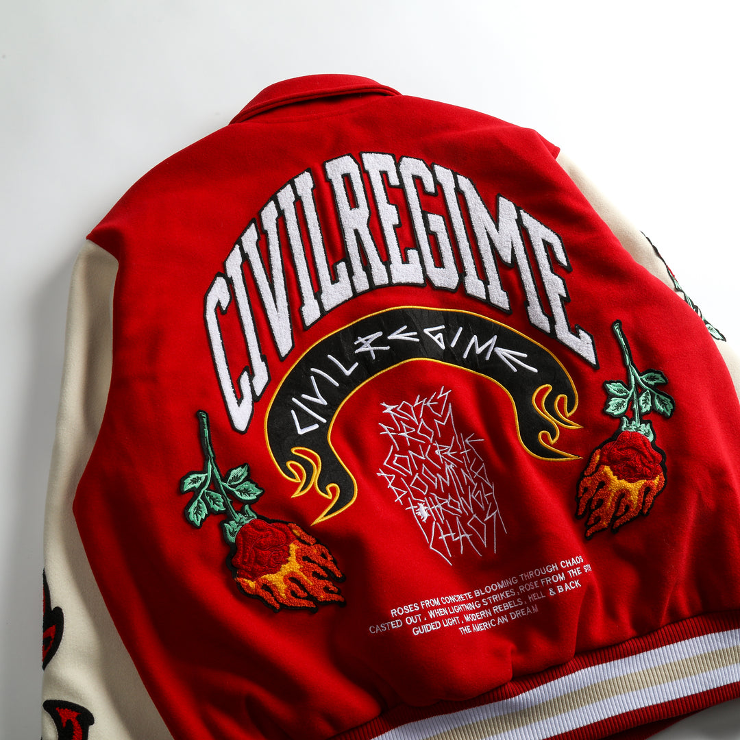 Muchic Fire Rose Embroidered Casual Street Baseball Jacket Coats & Jackets