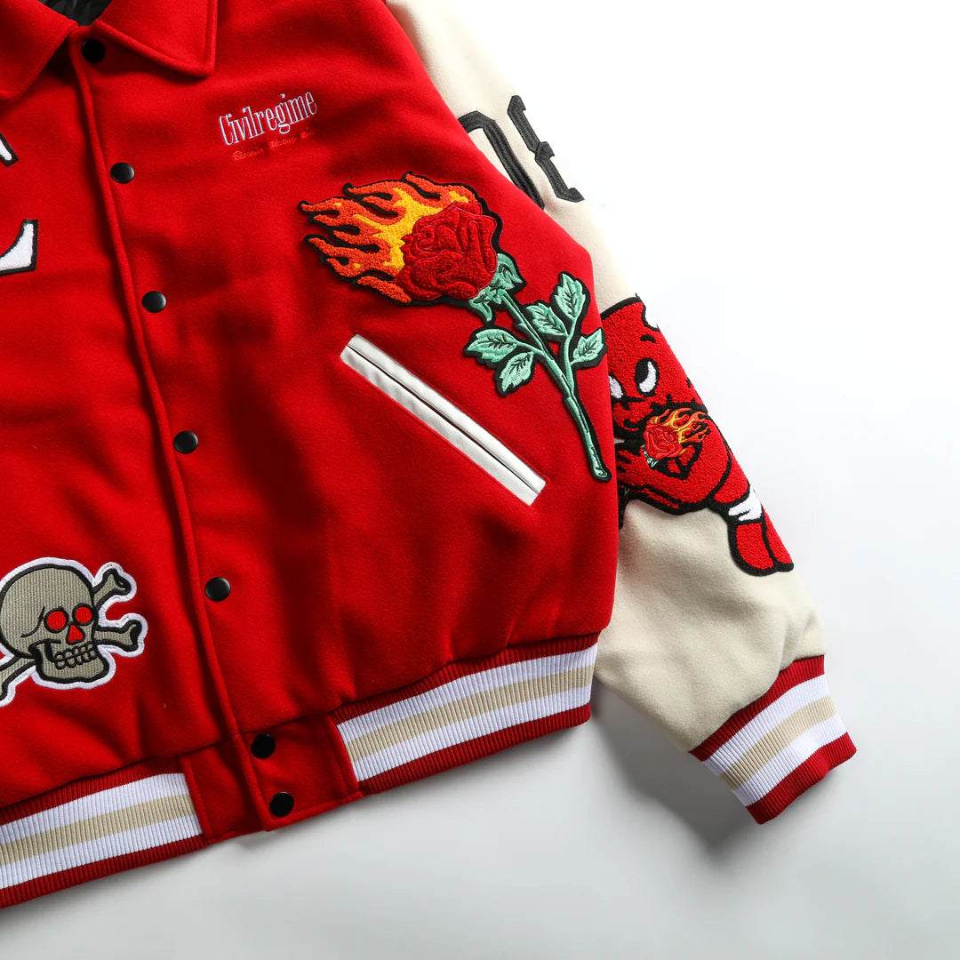 Muchic Fire Rose Embroidered Casual Street Baseball Jacket Coats & Jackets