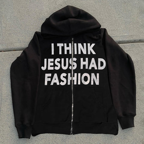 Muchic I Think Jesus Had Fashion Print Long Sleeve Zipper Hoodies