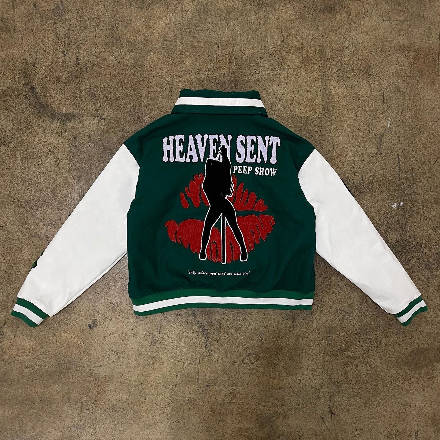 Muchic Heaven Sent Print Long Sleeve Baseball Jacket Dark_Green / S Coats & Jackets