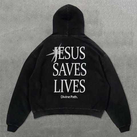 Muchic Jesus Save Lives Print Long Sleeve Hoodies