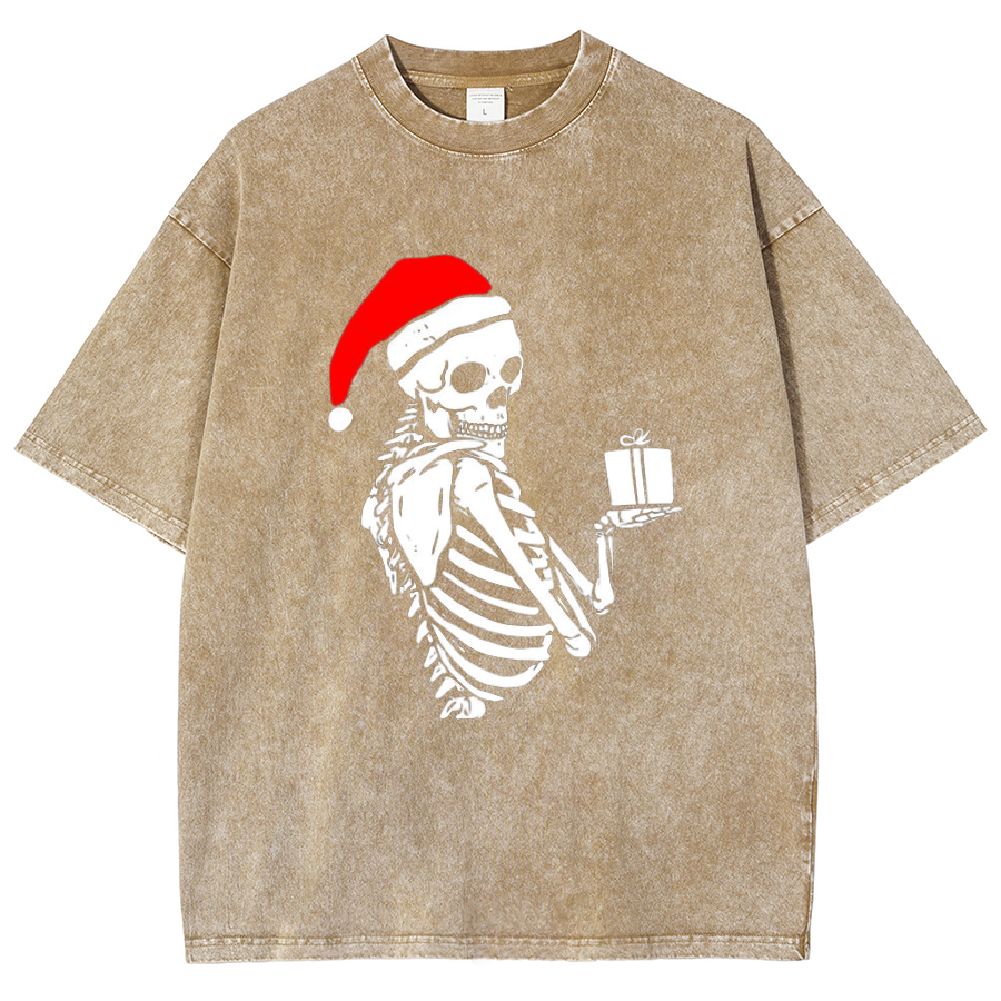 Muchic Christmas Skeleton Unisex Oversized Print Vintage Wash Denim T-Shirt