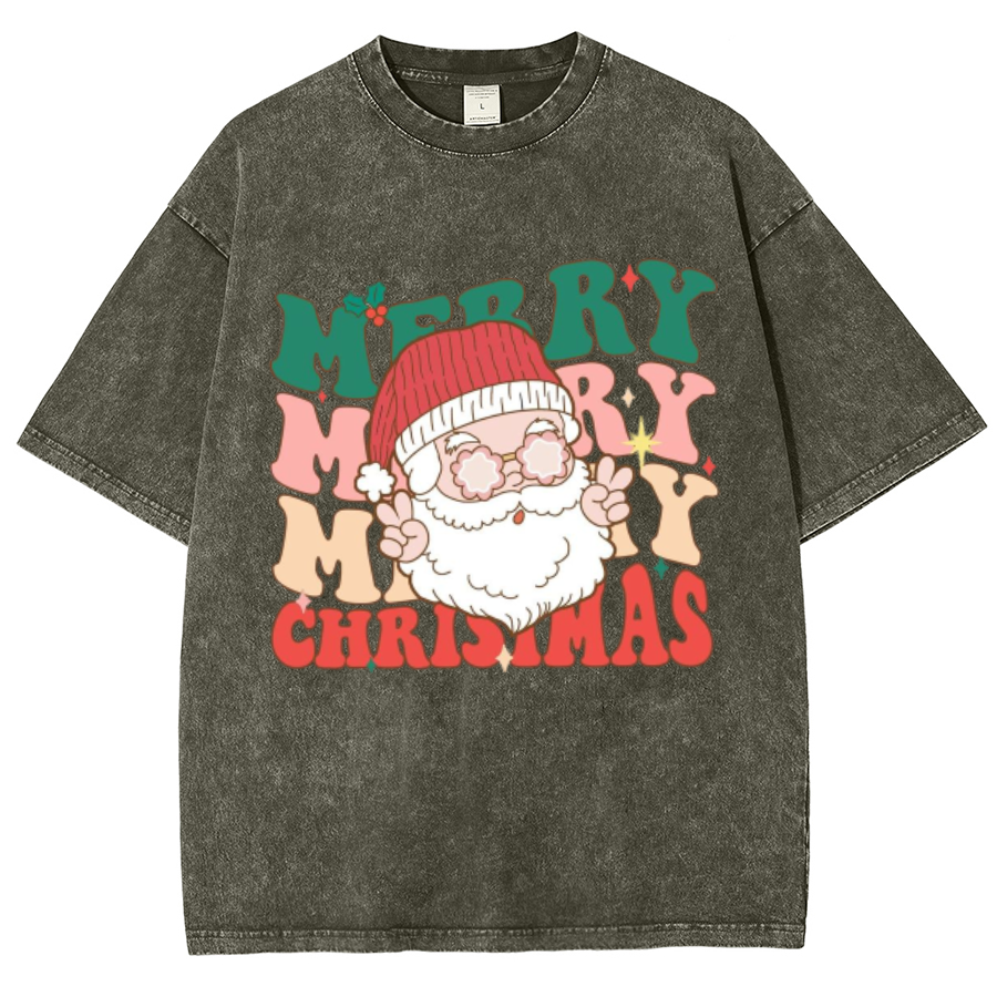 Muchic Merry Christmas Unisex Oversized Print Vintage Wash Denim T-Shirt