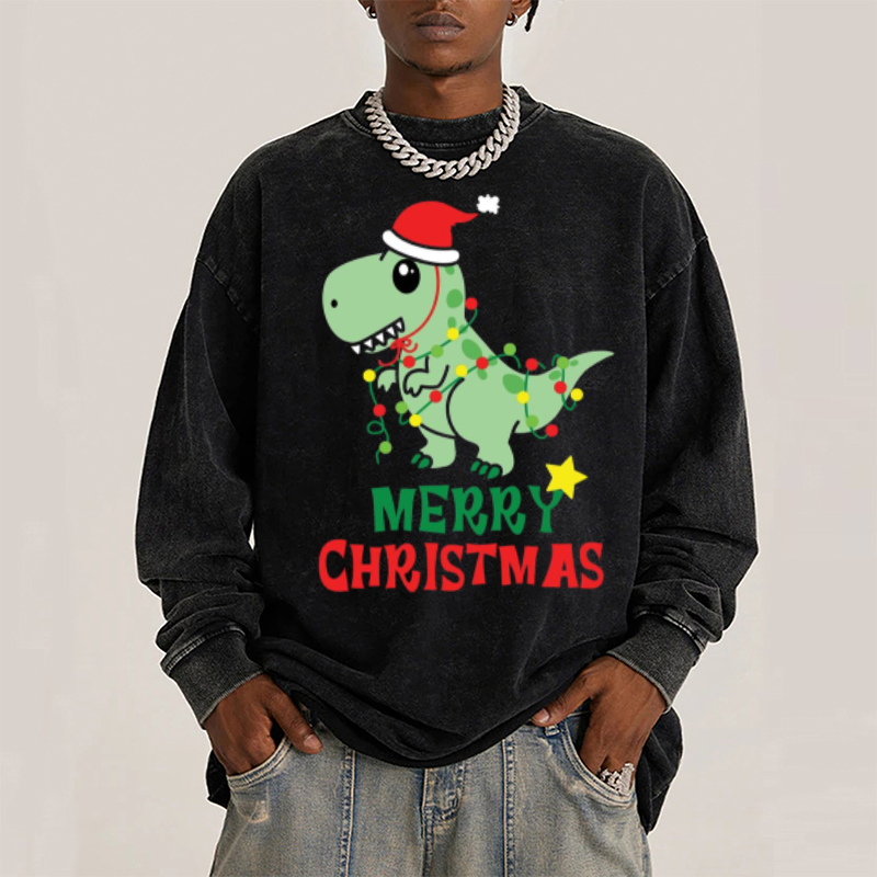 Muchic Merry Christmas Unisex Casual Washed Printed Round Neck Long Sleeve T-shirt