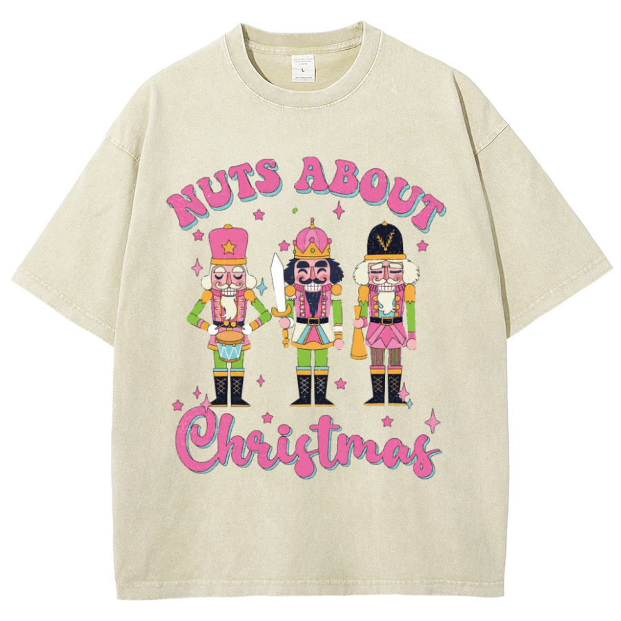 Muchic Nuts About Christmas Unisex Oversized Print Vintage Wash Denim T-Shirt