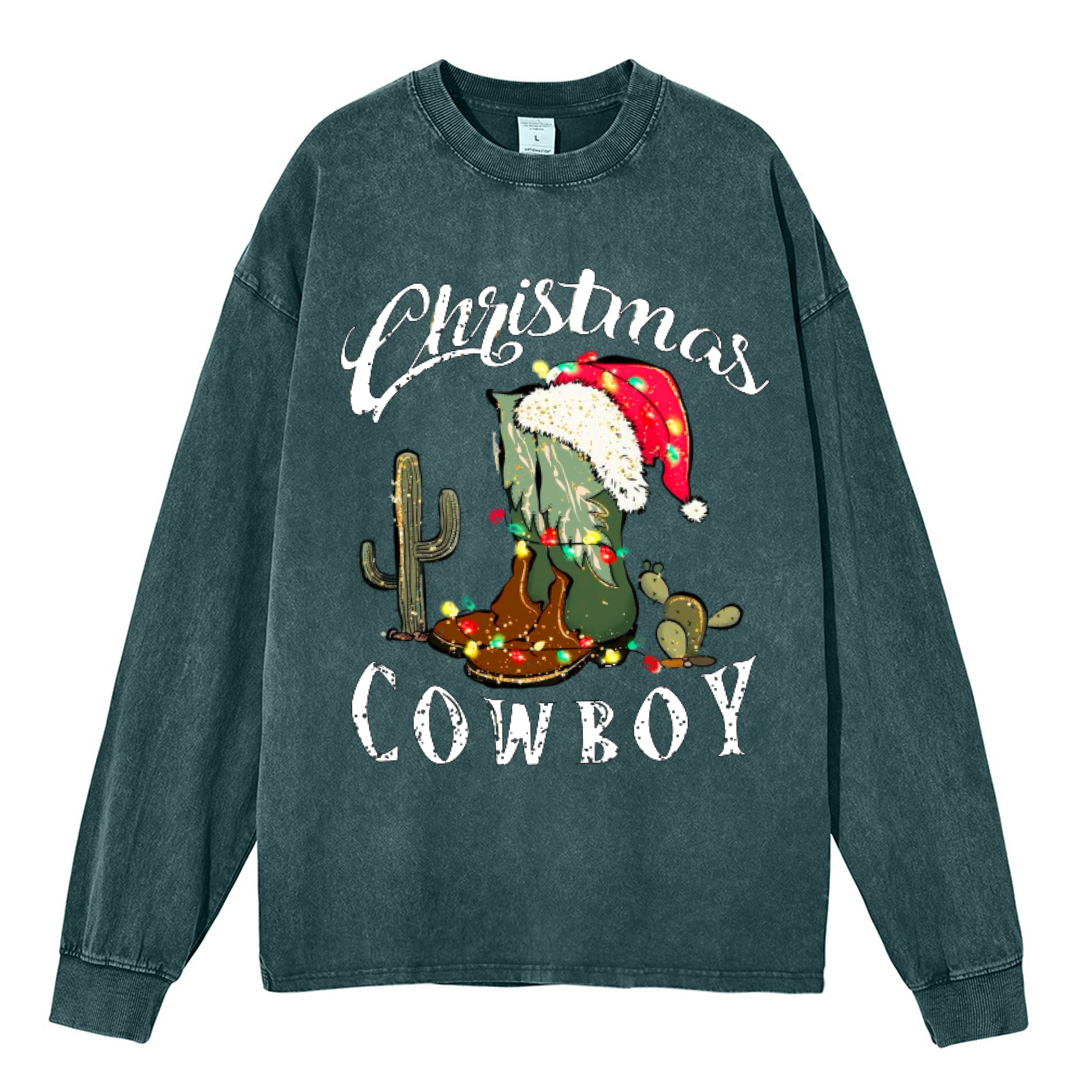 Muchic Christmas Cowboy Unisex Casual Washed Printed Round Neck Long Sleeve T-shirt